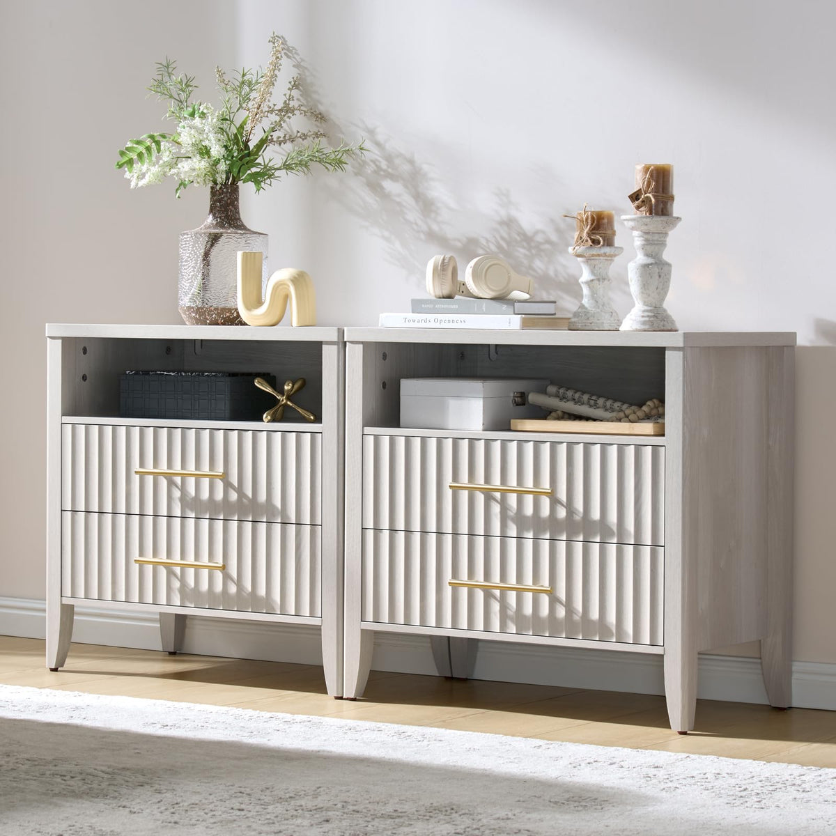 Fluted Nightstand Set of 2 with Charging Station, 23.7" Wide Modern End Table with 2 Drawers, Wooden Bedside Table for Bedroom, Curved Profile Design, Natural