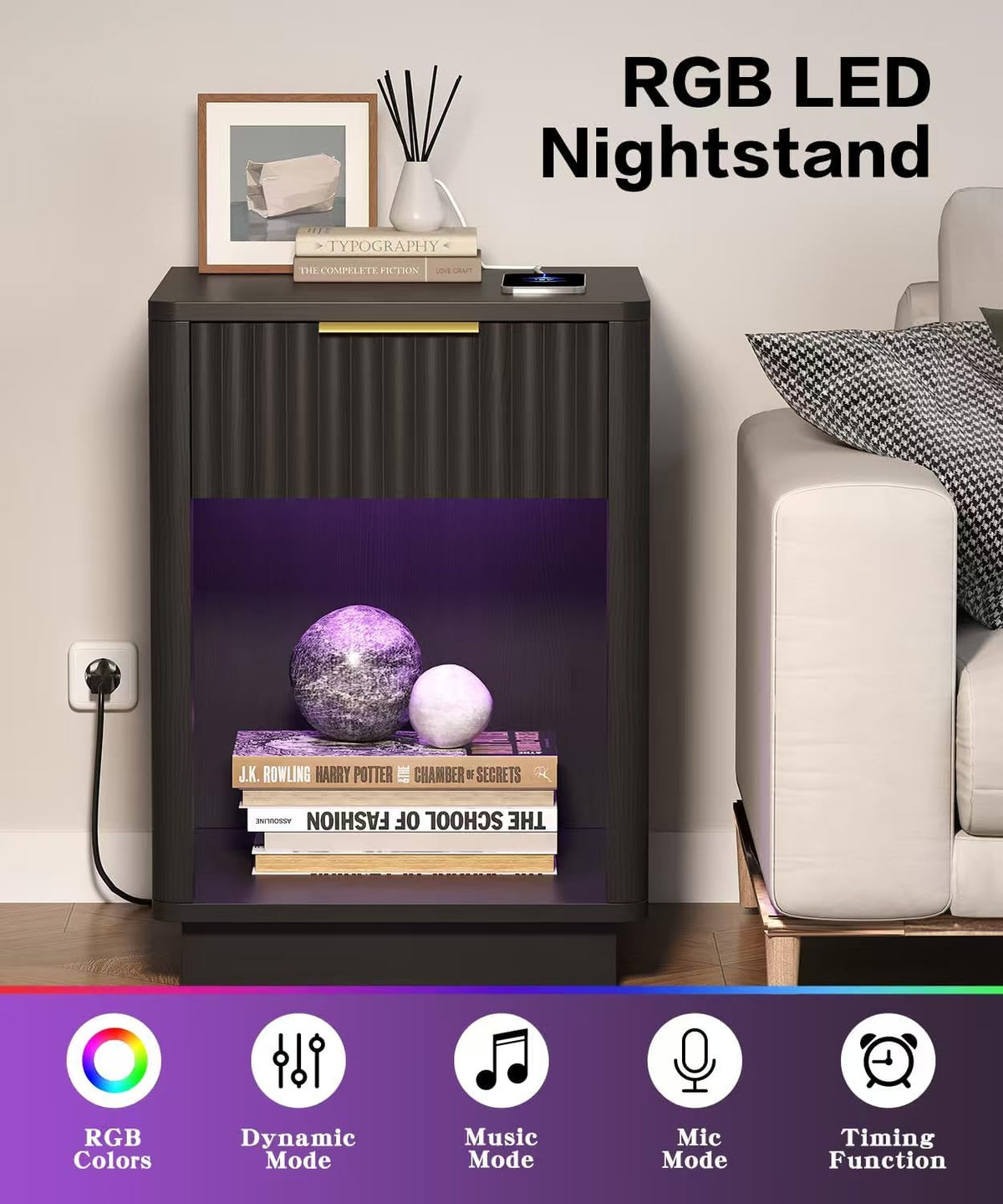 Akxomel Fluted Nightstand Set 2 Bedside Table with Charging Station Black