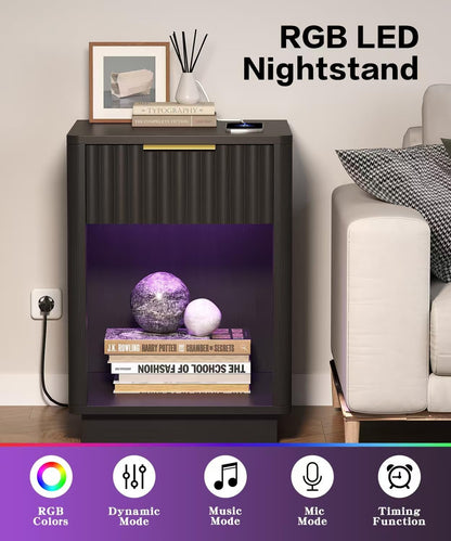 Akxomel Fluted Nightstand Set 2 Bedside Table with Charging Station Black