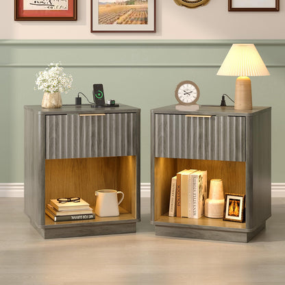 VINGLI Black Nightstands Set of 2 with Fabric Drawers, Fluted Nightstands with Charging Station, Night Stand Set of 2, Small Bedside Table, Bed Side Table/Night Stand with Charging Station for Bedroom
