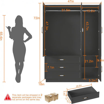 72" Wooden Armoire Wardrobe Closet with 3 Door Black Bedroom Armoire with LED Light 3 Drawers Large Modern Wardrobe Cabinet with Retro Ceramic Door Handles and Removable Hanging Rod