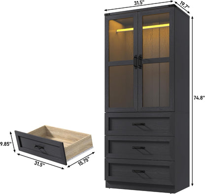 75" Tall Farmhouse 2 Doors Armoire Wardrobe Closet with 3 Drawers and LED,Freestanding Closet Wardrobe Cabinet for Bedroom with Hanging Rod,Wooden Armoire Storage Cabinet with Adjustable shelve(Black)