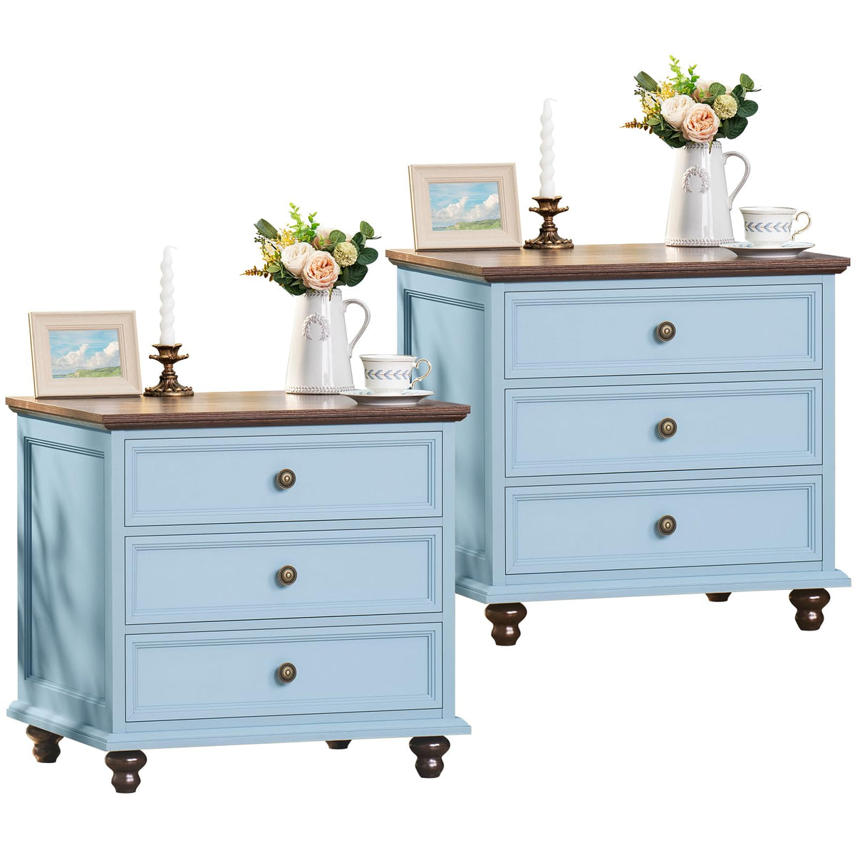 Joaxswe 24" Wide Farmhouse Night Stand Set of 2,Large End Table with 3 Drawers & Metal Handle,Wood Dresser for Bedroom,Bed Side Table Chest of Drawers Cabinet,Natural Nightstand for Living Room,Closet