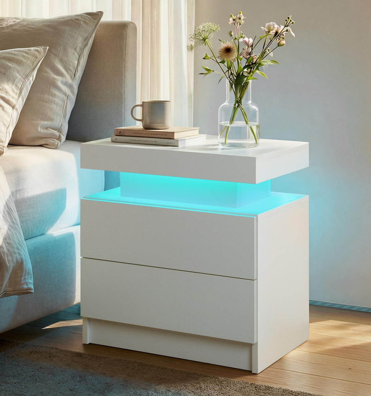i-aplus Black Modern LED Nightstand Set of 2 with 2 Wood Drawer for Bedroom