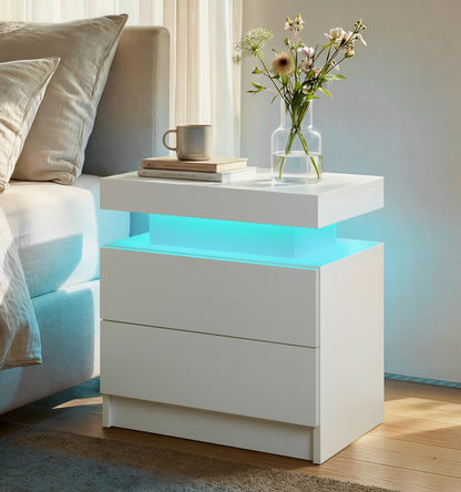 i-aplus Black Modern LED Nightstand Set of 2 with 2 Wood Drawer for Bedroom