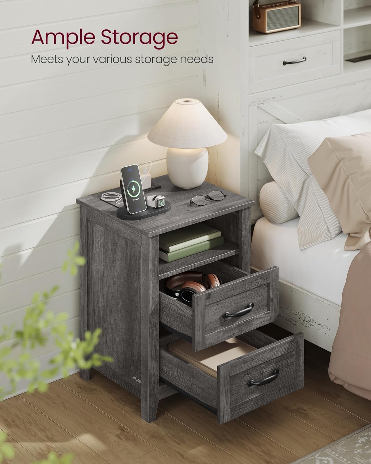 VASAGLE Set of 2 Nightstands with 2 Drawers and Charging Station