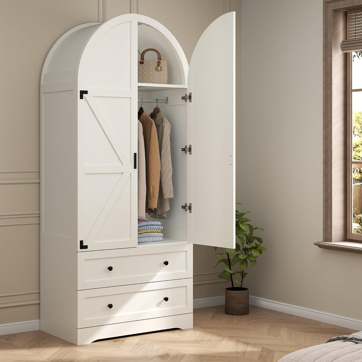Gyfimoie White Armoire Wardrobe Closet with 2 Drawers, 75" Wooden Wardrobe with 2 Doors, Freestanding Closet Armoire Cabinet with Hanging Rack, Clothing Storage Cabinet for Bedroom (White)