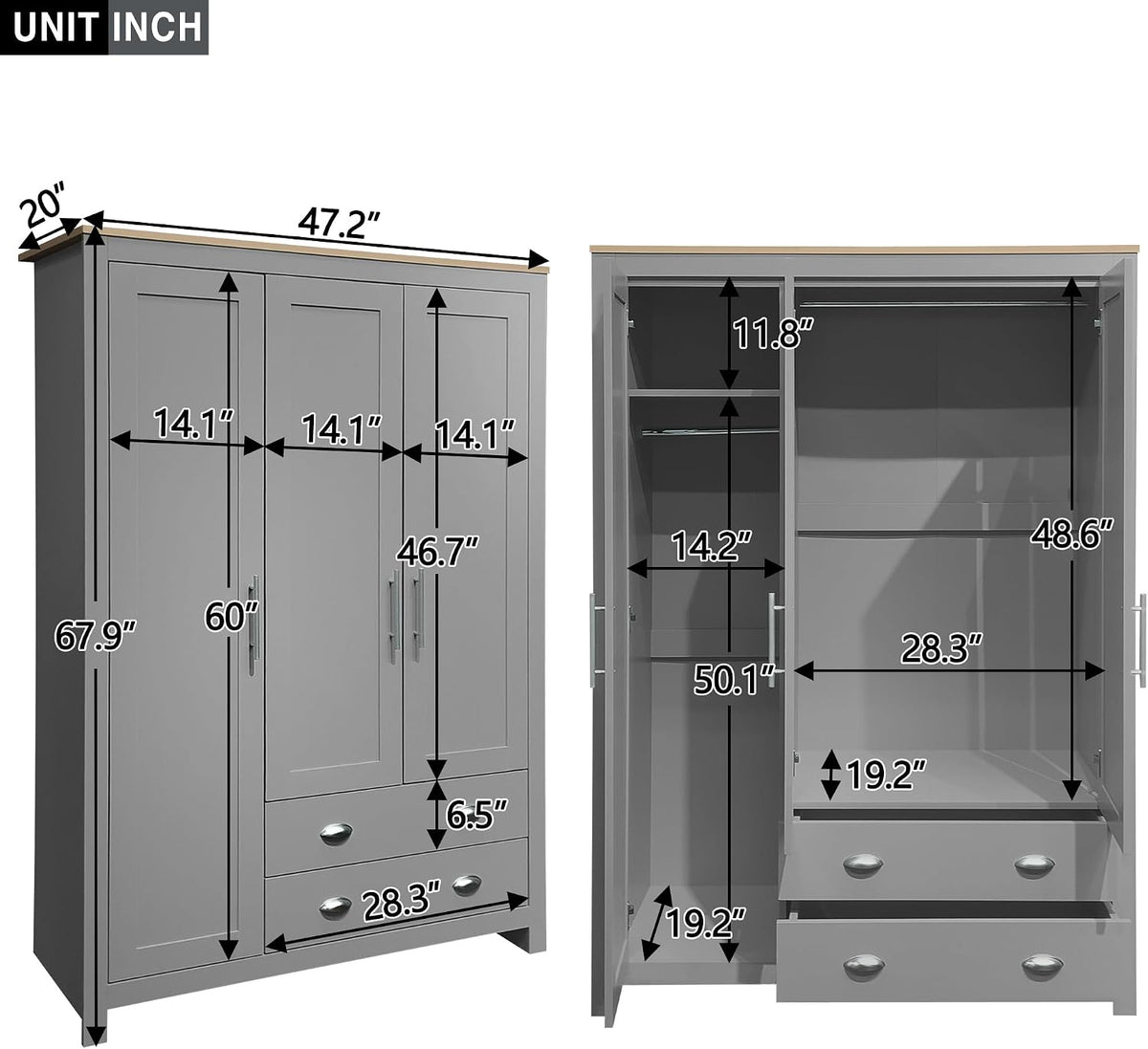 3 Doors Armoire Wardrobe Closet with 2 Drawers, 67.9" H Wooden Closet Wardrobe Cabinet with 2 Hanging Rods and Shelves, Freestanding Clothes Storage Cabinet for Bedroom, Gray