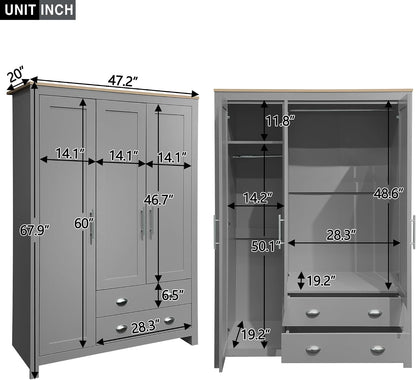 3 Doors Armoire Wardrobe Closet with 2 Drawers, 67.9" H Wooden Closet Wardrobe Cabinet with 2 Hanging Rods and Shelves, Freestanding Clothes Storage Cabinet for Bedroom, Gray