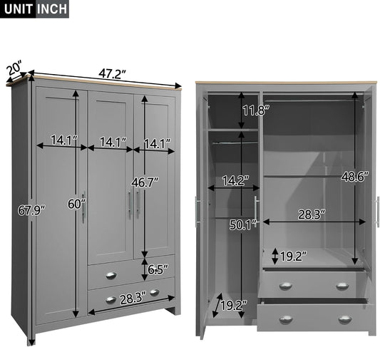 3 Doors Armoire Wardrobe Closet with 2 Drawers, 67.9" H Wooden Closet Wardrobe Cabinet with 2 Hanging Rods and Shelves, Freestanding Clothes Storage Cabinet for Bedroom, Gray