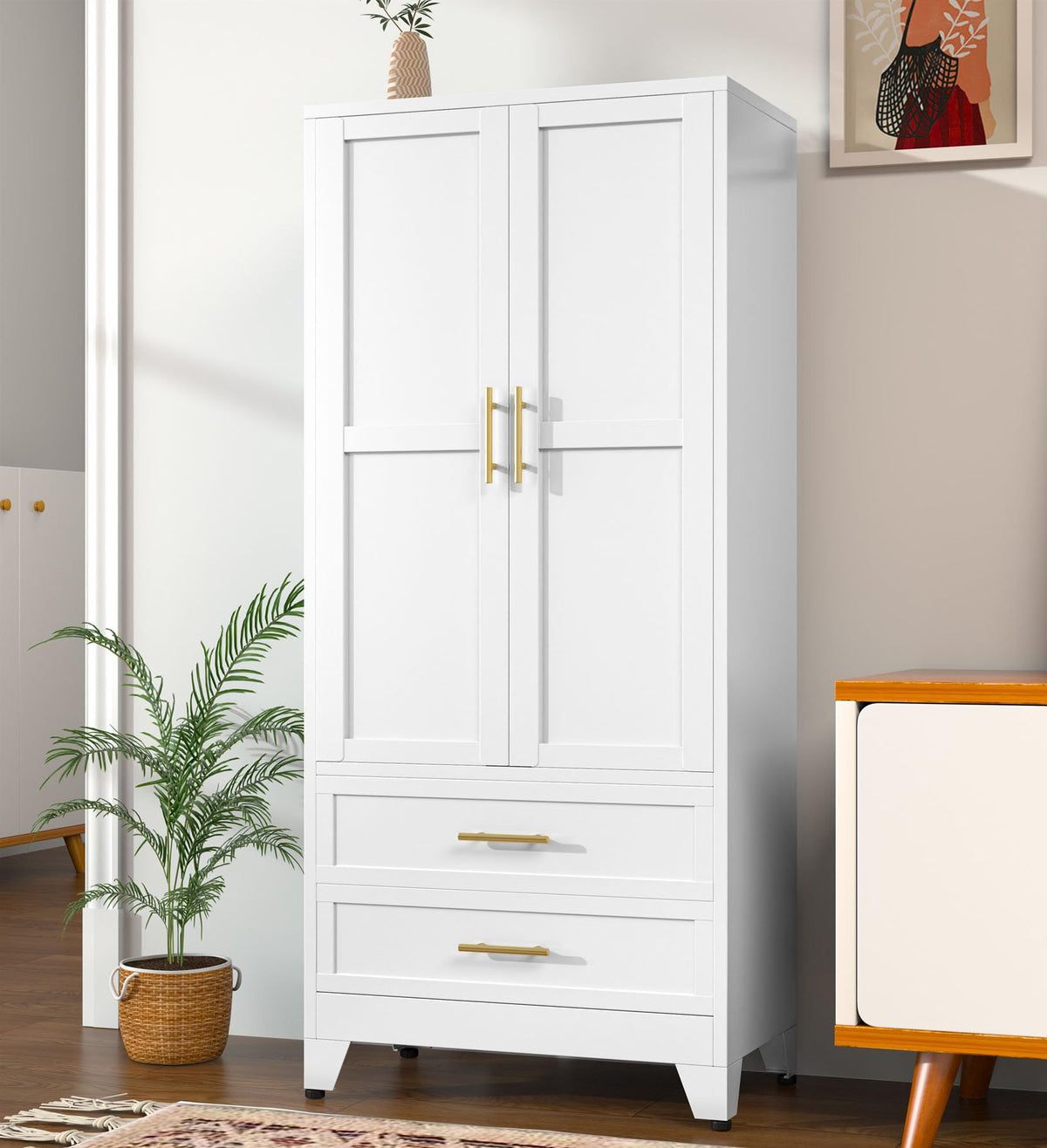71" Metal Armoire Wardrobe Closet, Tall Clothing Storage Cabinet, Green
