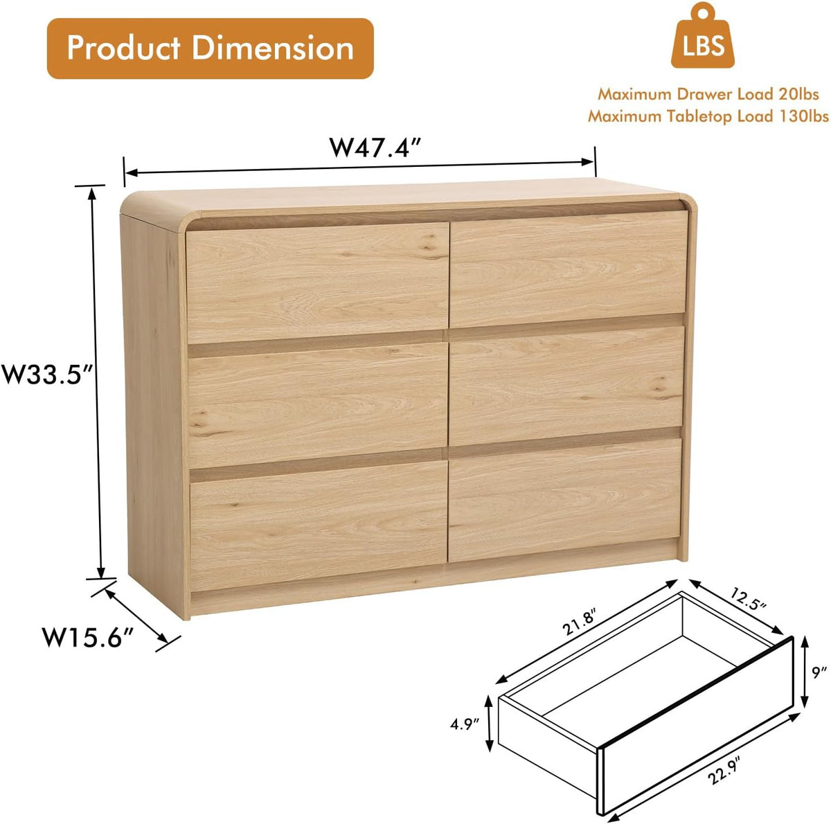 6 Drawer Dresser for Bedroom, Curved Edge Design Modern Dressers & Chest of Drawers, 47" Wide Dresser Natural Oak