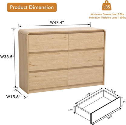 6 Drawer Dresser for Bedroom, Curved Edge Design Modern Dressers & Chest of Drawers, 47" Wide Dresser Natural Oak