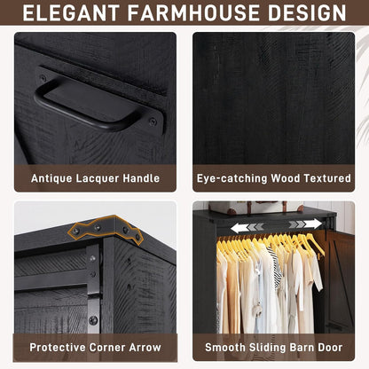 2 Doors Armoire Wardrobe Closet w/ Folding Sliding Barn Door,Rustic Black