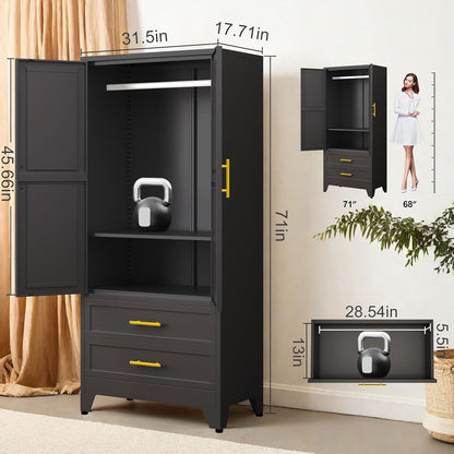 GAIOUS 71" Metal Wardrobe Cabinet with 2 Drawers and Hanging Rod Black