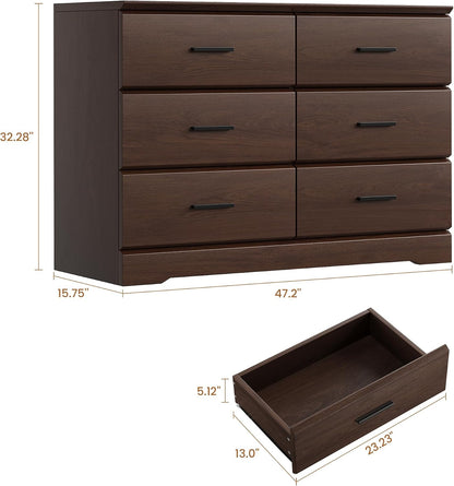 Jocoevol Brown 6 Drawer Dresser for Bedroom, Chest of Drawers with Silver Handle, Wood Storage Dresser with Deep Drawers for Bedroom, Living Room, Hallway Entryway (52.76 * 21.26 * 7.87 in)