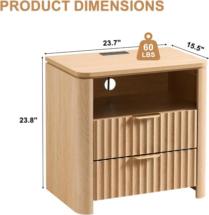 Fluted Nightstand Set of 2 with Charging Station, 23.7" Wide Modern End Table with 2 Drawers, Wooden Bedside Table for Bedroom, Curved Profile Design, Natural