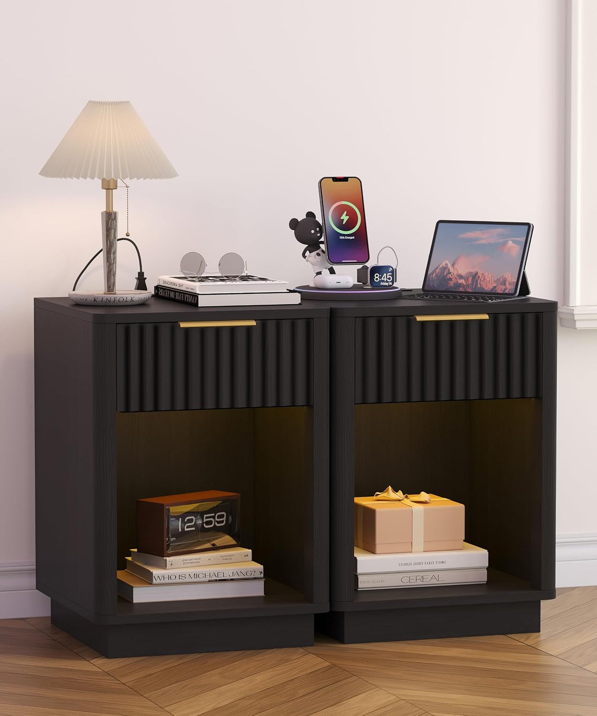 Akxomel Fluted Nightstand Set 2 Bedside Table with Charging Station Black