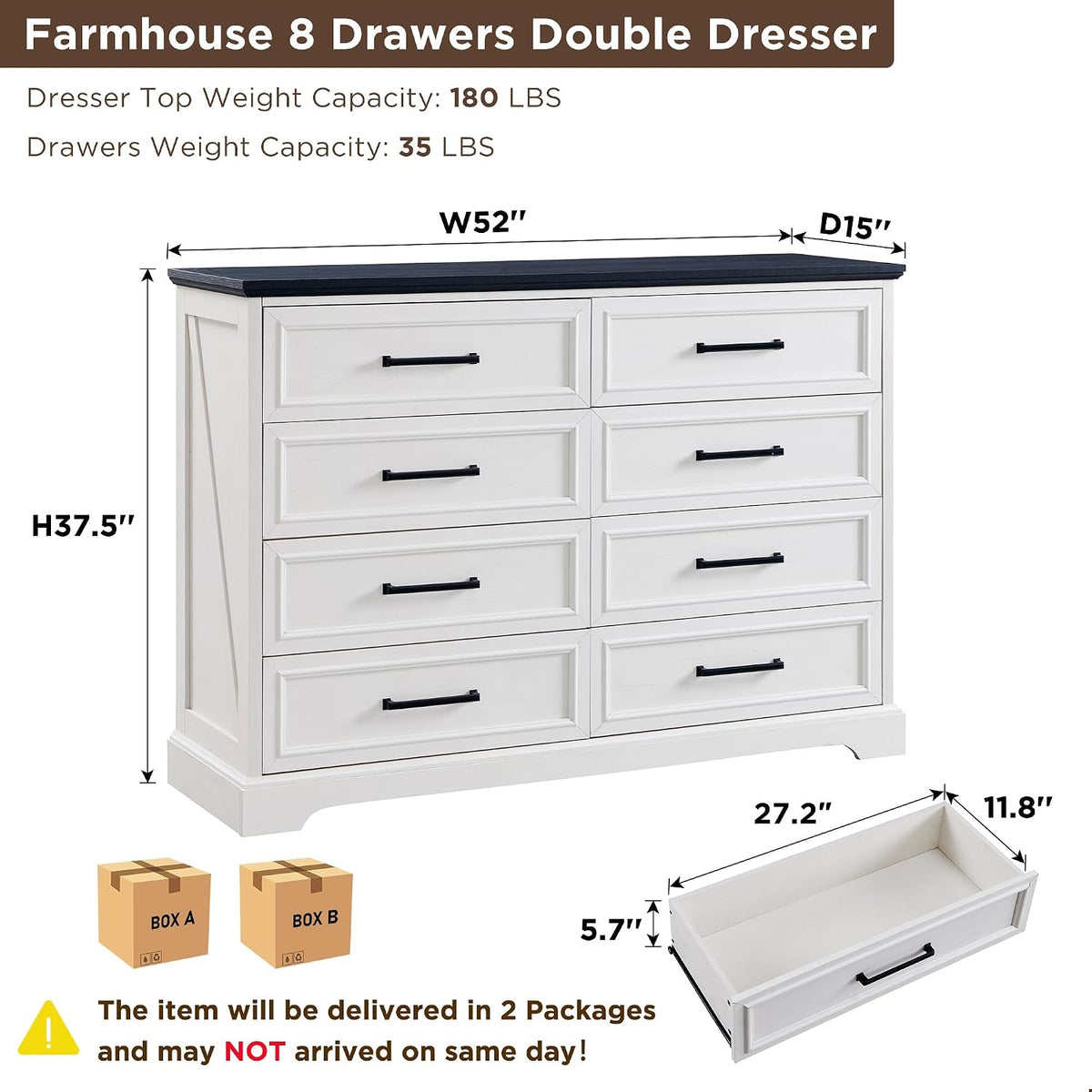 ACCOHOHO Farmhouse 8 Drawers Dresser Chests for Bedroom, Antique White