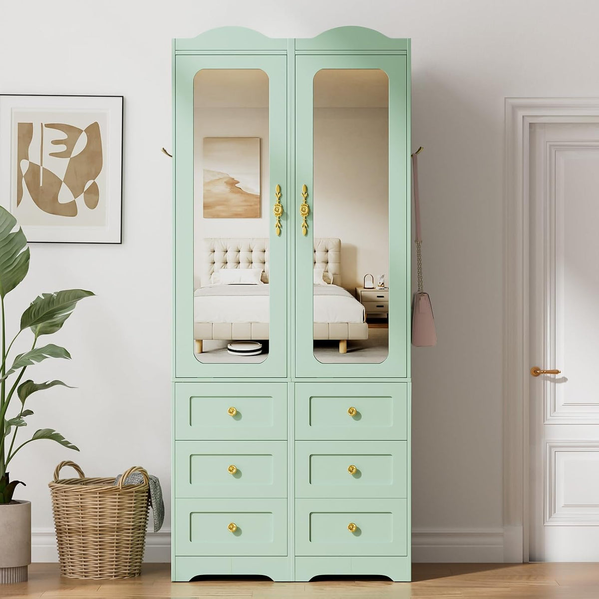 Armoire Wardrobe Closet, Green Bedroom Armoires Cabinet with Mirror Door and 6 Drawers, 69.5" H Wood Clothing Storage Cabinet with Hanging Rod & Sensor Light for Bedroom-(Left+Right)