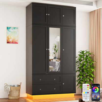 92.2" Tall Armoire Wardrobe Closet with Mirror & Motion Sensor Light, Large Storage Cabinet with 2 Drawers, Hanging Rod & Adjustable LED Strip, Anti-Tipping Wood Bedroom Furniture, 47.4"L, White