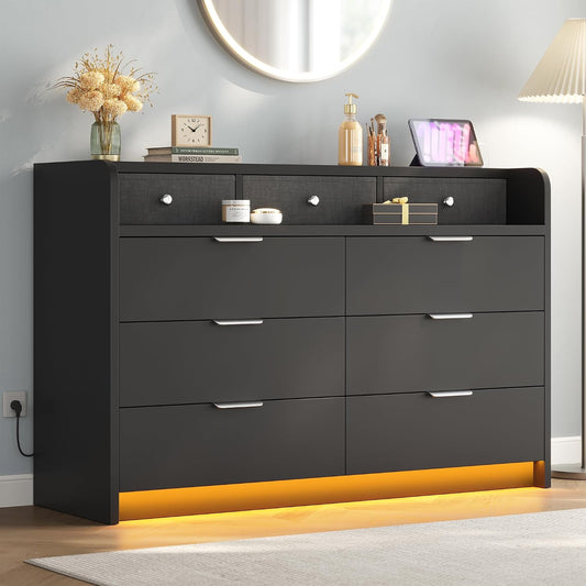 MapleGrace 53'' Wide 9 Drawer Dresser for Bedroom, Wood TV Stand Dresser with Power Outlets & LED Light, Chest of Drawers Closet Store Organizer for Living Room, Hallway, Black