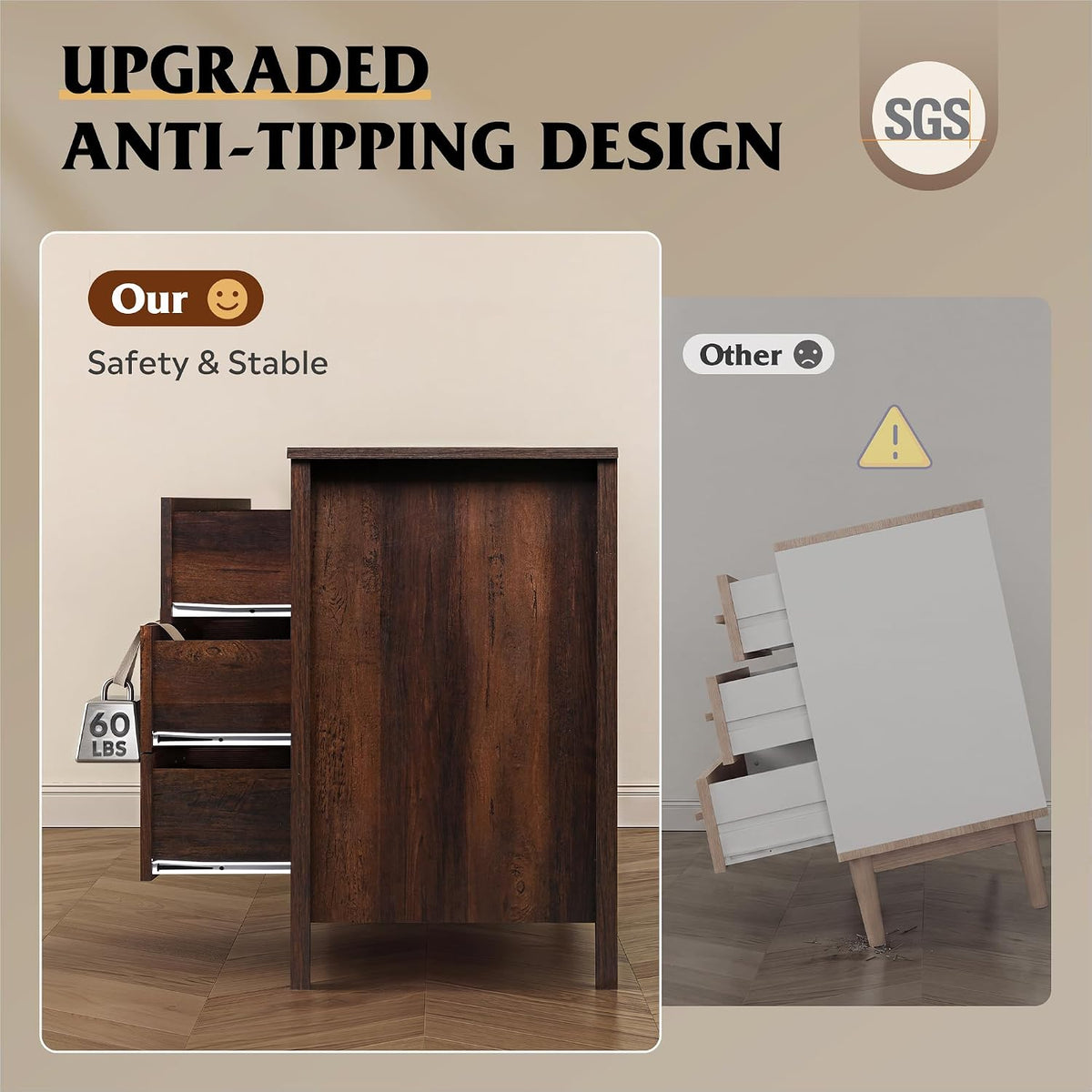 WLIVE 54" Dresser for Bedroom, Wooden 6 Drawer Dresser with Unique Anti-Tip Structure, Modern Chest of Drawers with Metal Handles for Living Room, Hallway, Closet, Home Furniture, Rustic Brown