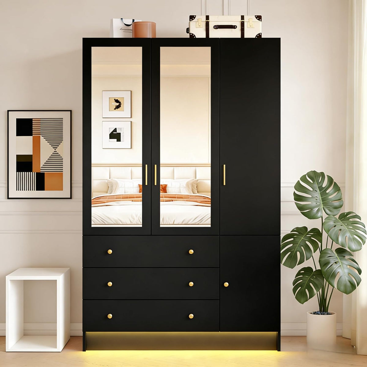 3 Doors Mirrored Wardrobe Armoire Closet with Drawers, LED Armoire Storage Cabinet with Adjustable Shelves & Hanging Rod, 74.8" H Freestanding Clothing Storage Cabinet for Bedroom, Black