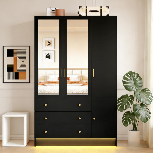 3 Doors Mirrored Wardrobe Armoire Closet with Drawers, LED Armoire Storage Cabinet with Adjustable Shelves & Hanging Rod, 74.8" H Freestanding Clothing Storage Cabinet for Bedroom, Black