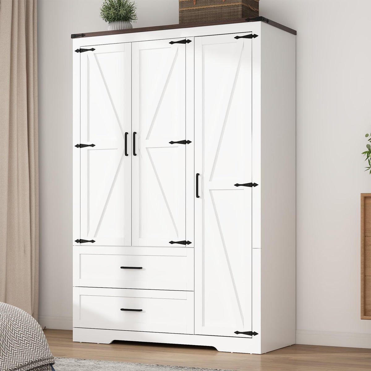 Hlivelood 4 Doors Wardrobe Armoire Closet with Doors and Drawers, Farmhouse Wooden Armoire Storage Cabinet with Shelves & Hanging Rod for Bedroom, Grey