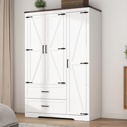 Hlivelood 4 Doors Wardrobe Armoire Closet with Doors and Drawers, Farmhouse Wooden Armoire Storage Cabinet with Shelves & Hanging Rod for Bedroom, Grey