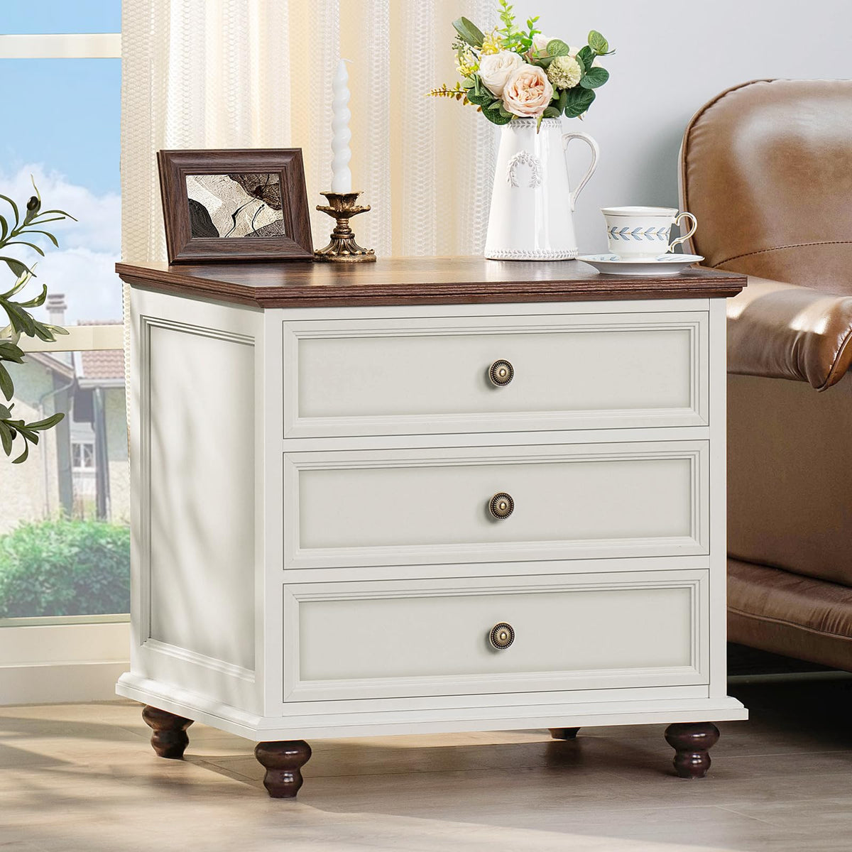 Joaxswe 24" Wide Farmhouse Night Stand Set of 2,Large End Table with 3 Drawers & Metal Handle,Wood Dresser for Bedroom,Bed Side Table Chest of Drawers Cabinet,Natural Nightstand for Living Room,Closet
