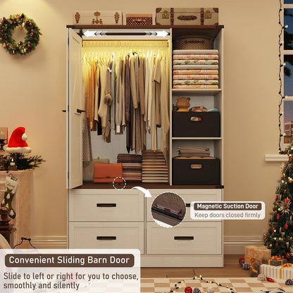 Farmhouse 3 Doors Armoire Wardrobe Closet w/Folding Sliding Barn Door and Lights, LED Armoire Closet w/Drawers for Bedroom, Freestanding Wooden Wardrobe Storage Closets w/Hanging Rod,Antique White