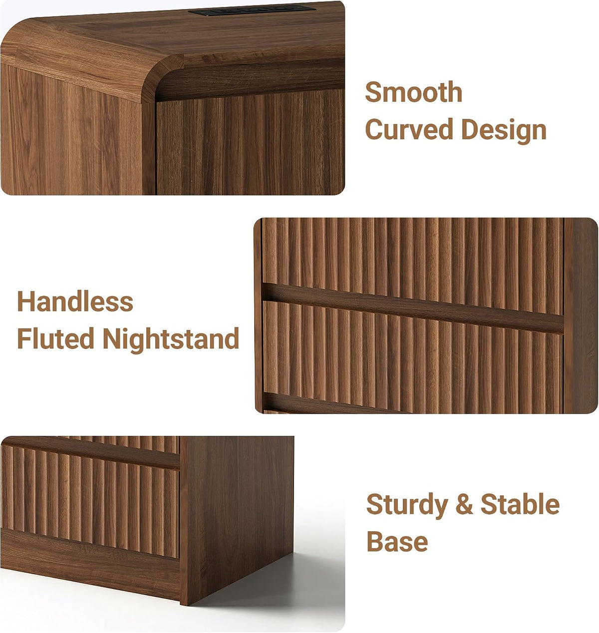 Seang Nightstand Set of 2,Fluted Nightstand with Charging Station,Wooden Bedside Table with Curved Profile Design,3 Drawers Storage,Large End Table for Bedroom,Walnut.