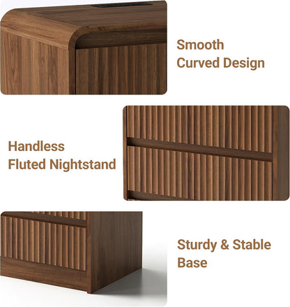 Seang Nightstand Set of 2,Fluted Nightstand with Charging Station,Wooden Bedside Table with Curved Profile Design,3 Drawers Storage,Large End Table for Bedroom,Walnut.