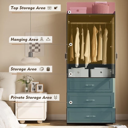 MEISSALIVVE Armoire Wardrobe Closet with 2 Door & 3 Drawers, 74.8" Large Wardrobe Cabinet with Hanging Rod, Freestanding Modern Bedroom Armoire Storage Cabinet, Black