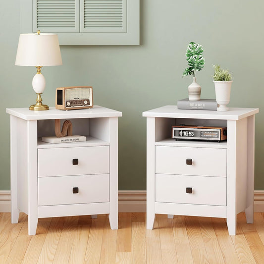 JSB Farmhouse Nightstand Set of 2 with 2 Drawers, Open Shelf for Bedroom