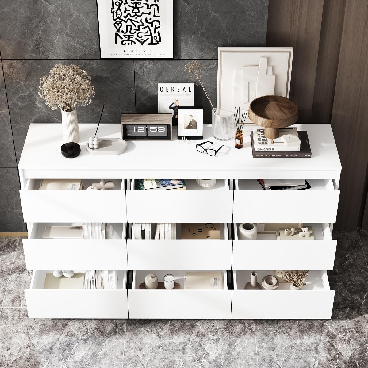 9 Drawer Dresser for Bedroom with Deep Drawers, Large Floor Wood Dressers & Chest of Drawers Handle Free, Modern White Long Dressers for Closet Living Room, Euro Slide (63"W x 15.7"D x 31.5"H)