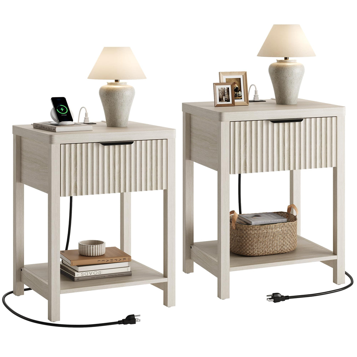 Night Stand Set 2, Fluted Wood Nightstands w/Charging Station for Bedroom