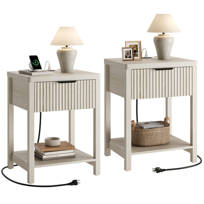 Night Stand Set 2, Fluted Wood Nightstands w/Charging Station for Bedroom