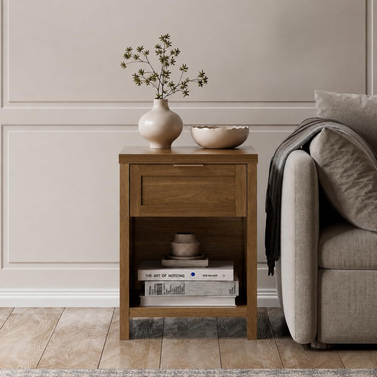 Walsham Nightstands Set of 2, XL Farmhouse Bedside Table, Special Walnut
