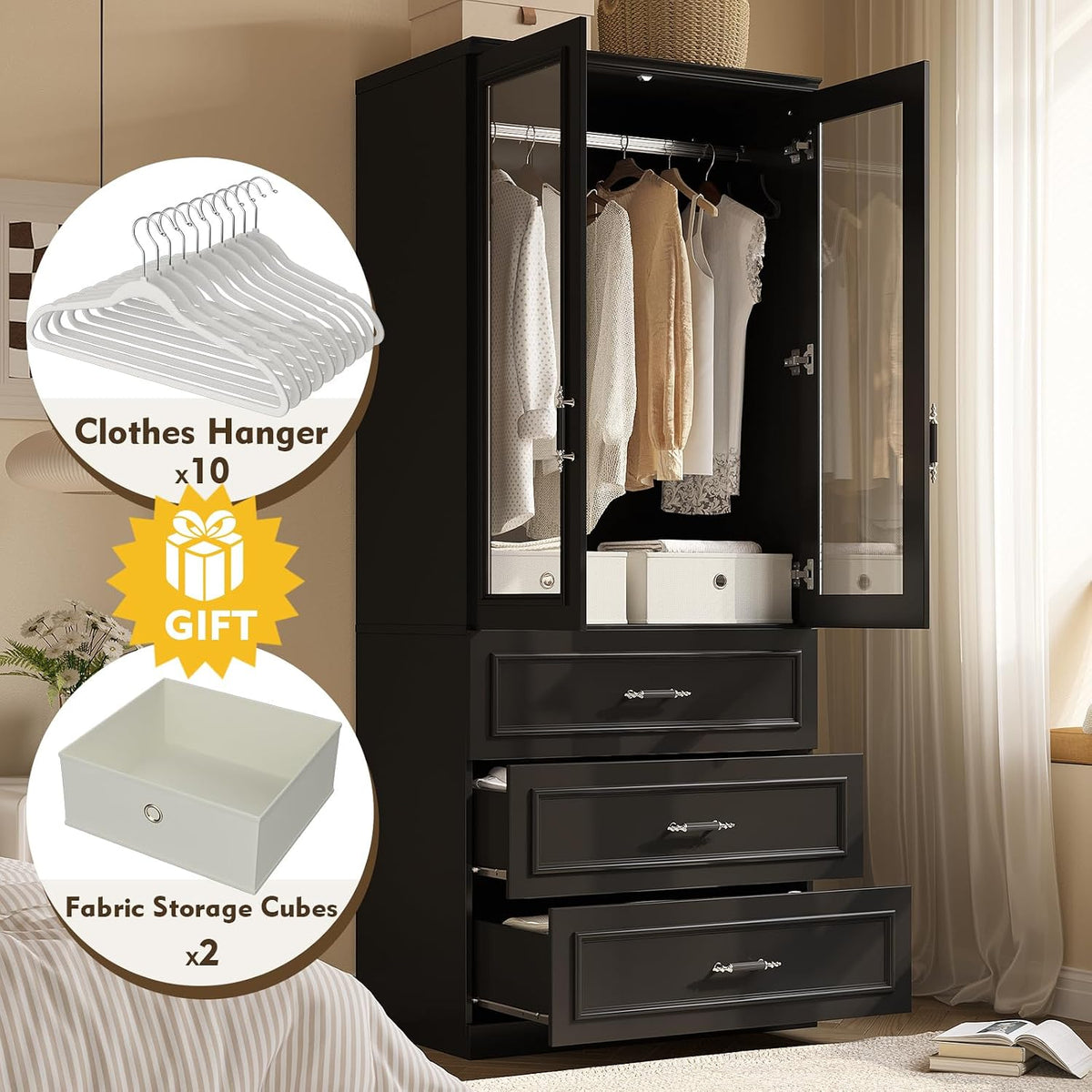 MEISSALIVVE Armoire Wardrobe Closet with 2 Door & 3 Drawers, 74.8" Large Wardrobe Cabinet with Hanging Rod, Freestanding Modern Bedroom Armoire Storage Cabinet, Black