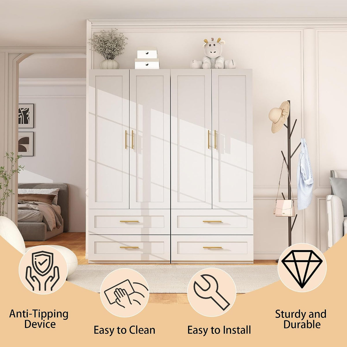 White Wardrobe with 4 Doors and 4 Drawers，75" Tall x 63" Wide