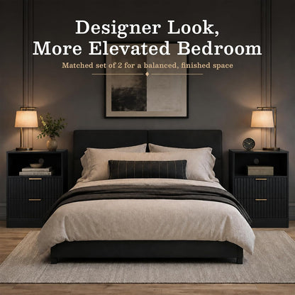 Nightstands Set of 2, Fluted Nightstand with 2 Drawers, Black & Narrow