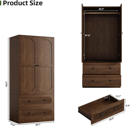 TOKSOM 2 Doors Freestanding Armoire Wardrobe Closet, 68.8" Wardrobe Armoire Wooden Closet Large Capacity Storage with 2 Drawers & 1 Hanging Rod Shelf Clothes Organizer Walnut 1PC
