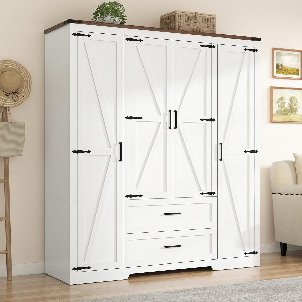 St.Mandyu Farmhouse Wardrobe Armoire Closet with 4 Doors and 2 Drawers, 70.1" Wooden Clothing Storage Cabinet, Freestanding Large Capacity Storage Wardrobe Armoire with Hanging Rod for Bedroom, Grey