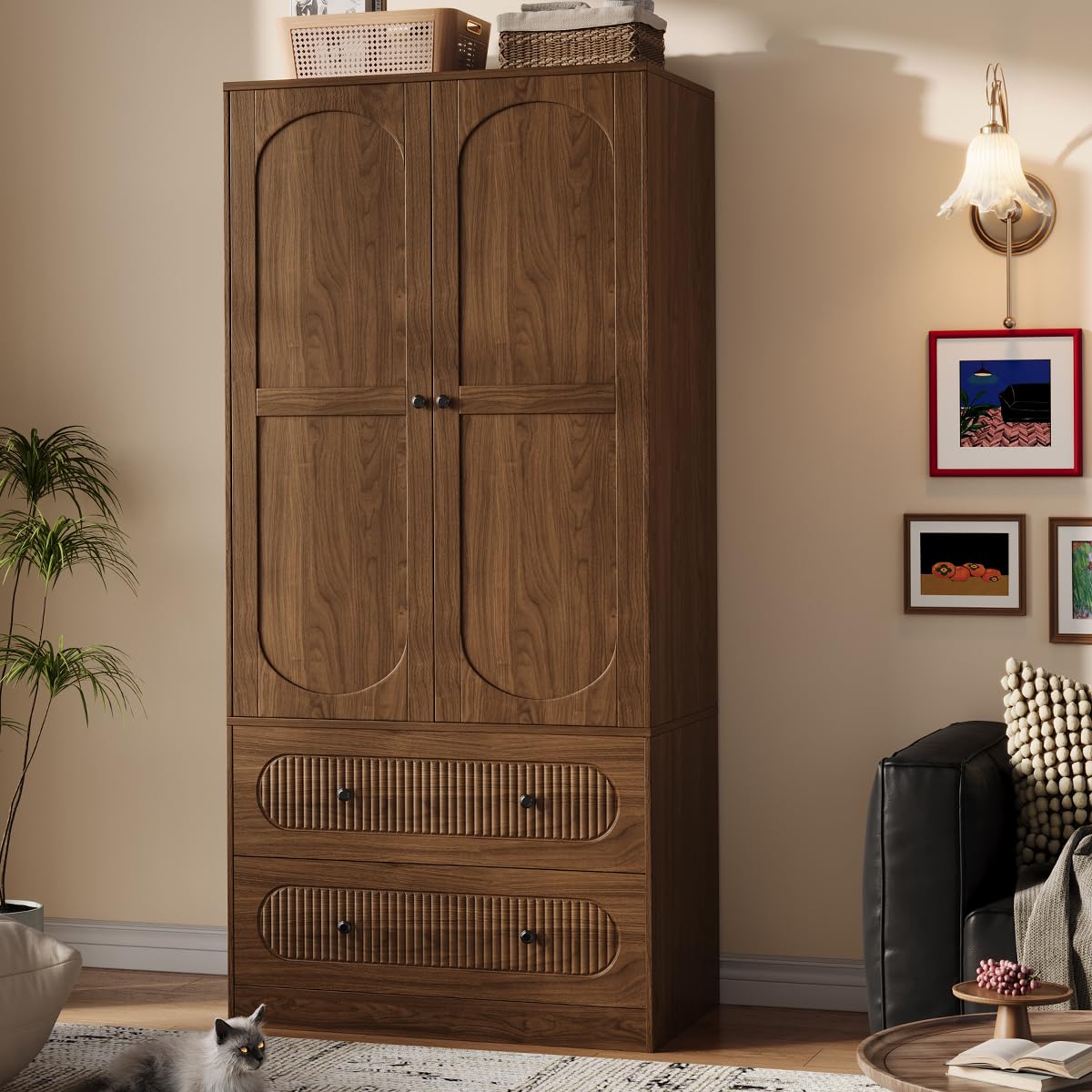 TOKSOM 2 Doors Freestanding Armoire Wardrobe Closet, 68.8" Wardrobe Armoire Wooden Closet Large Capacity Storage with 2 Drawers & 1 Hanging Rod Shelf Clothes Organizer Walnut 1PC