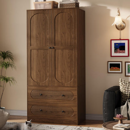 TOKSOM 2 Doors Freestanding Armoire Wardrobe Closet, 68.8" Wardrobe Armoire Wooden Closet Large Capacity Storage with 2 Drawers & 1 Hanging Rod Shelf Clothes Organizer Walnut 1PC