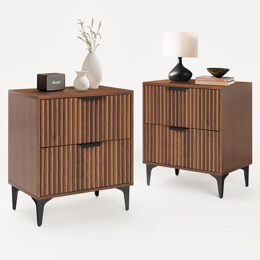 Walnut Fluted Nightstand Set of 2, Modern Night Stands with 2 Drawers