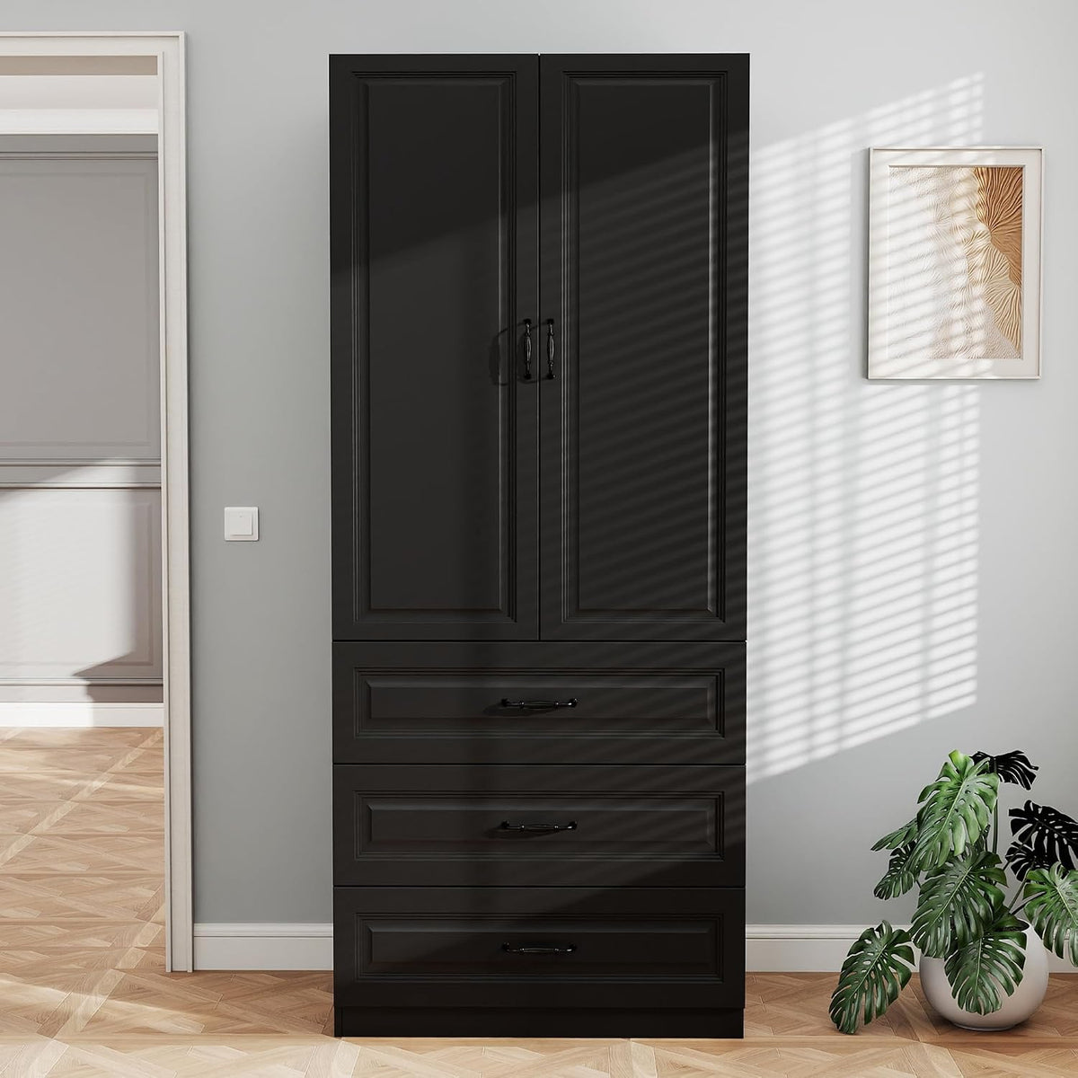 Black Armoire Wardrobe Closet with 3 Drawers, 75" H x 32" W Armoire